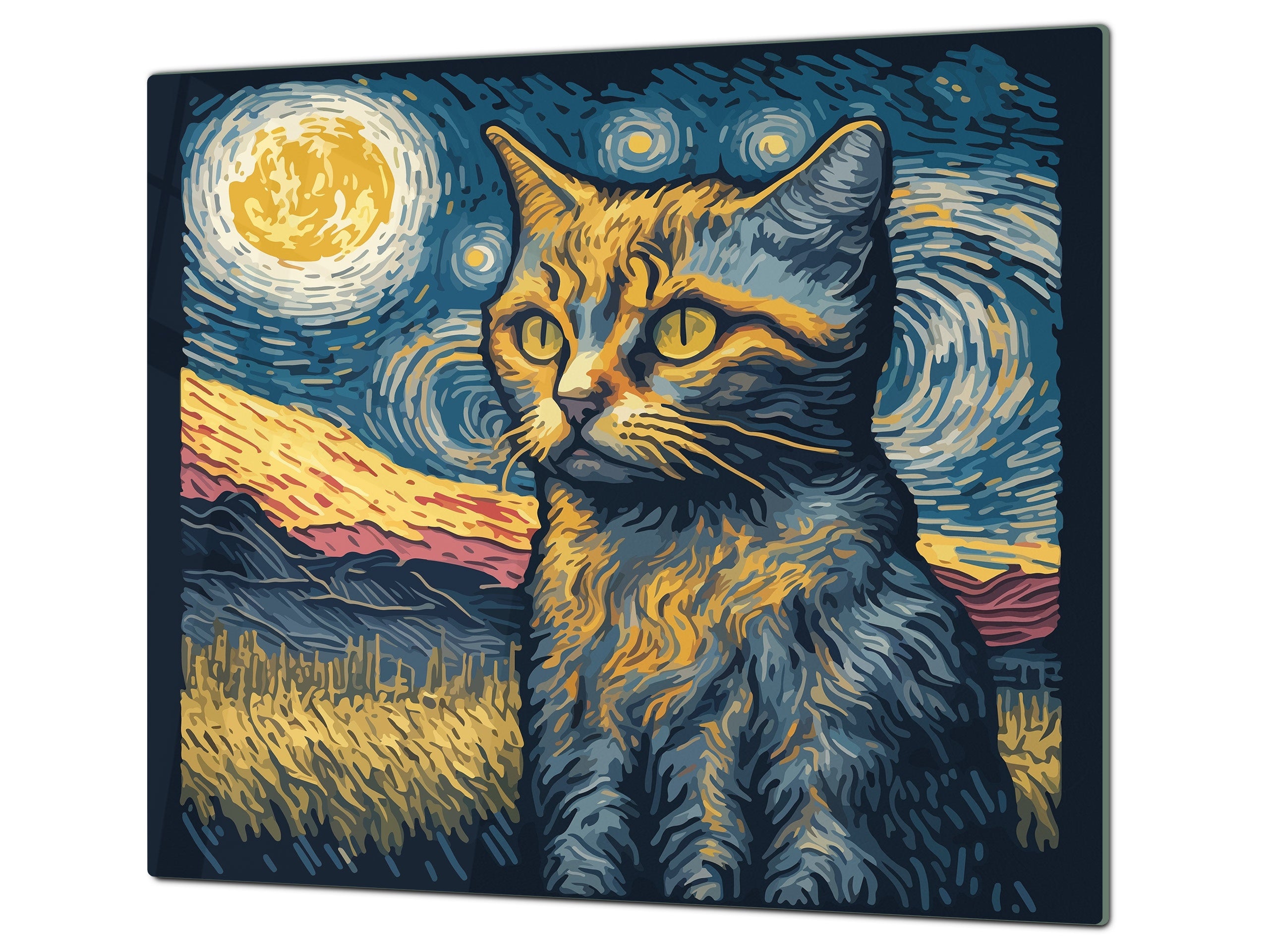 Versatile Tempered Glass Worktop Saver and Induction Cooktop Cover – Durable and Scratch-Resistant – MEASURES: SINGLE: 60 x 52 cm; DOUBLE: 2 x 30 x 52 cm; D41 Abstract Concepts Series 1 : Van Gogh's Cat