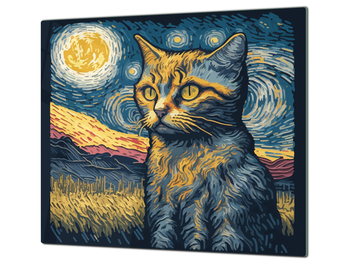 Versatile Tempered Glass Worktop Saver and Induction Cooktop Cover – Durable and Scratch-Resistant – MEASURES: SINGLE: 60 x 52 cm; DOUBLE: 2 x 30 x 52 cm; D41 Abstract Concepts Series 1 : Van Gogh's Cat
