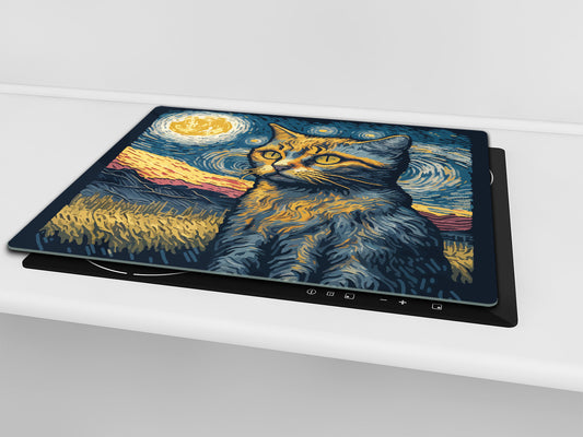 Versatile Tempered Glass Worktop Saver and Induction Cooktop Cover – Durable and Scratch-Resistant – MEASURES: SINGLE: 60 x 52 cm; DOUBLE: 2 x 30 x 52 cm; D41 Abstract Concepts Series 1 : Van Gogh's Cat