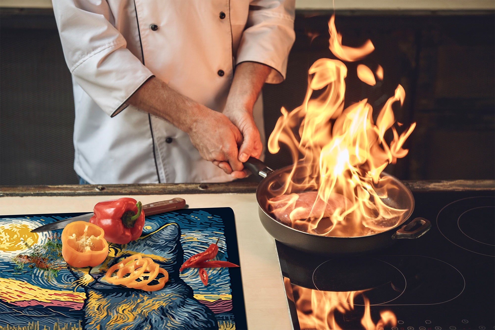 Versatile Tempered Glass Worktop Saver and Induction Cooktop Cover – Durable and Scratch-Resistant – MEASURES: SINGLE: 60 x 52 cm; DOUBLE: 2 x 30 x 52 cm; D41 Abstract Concepts Series 1 : Van Gogh's Cat