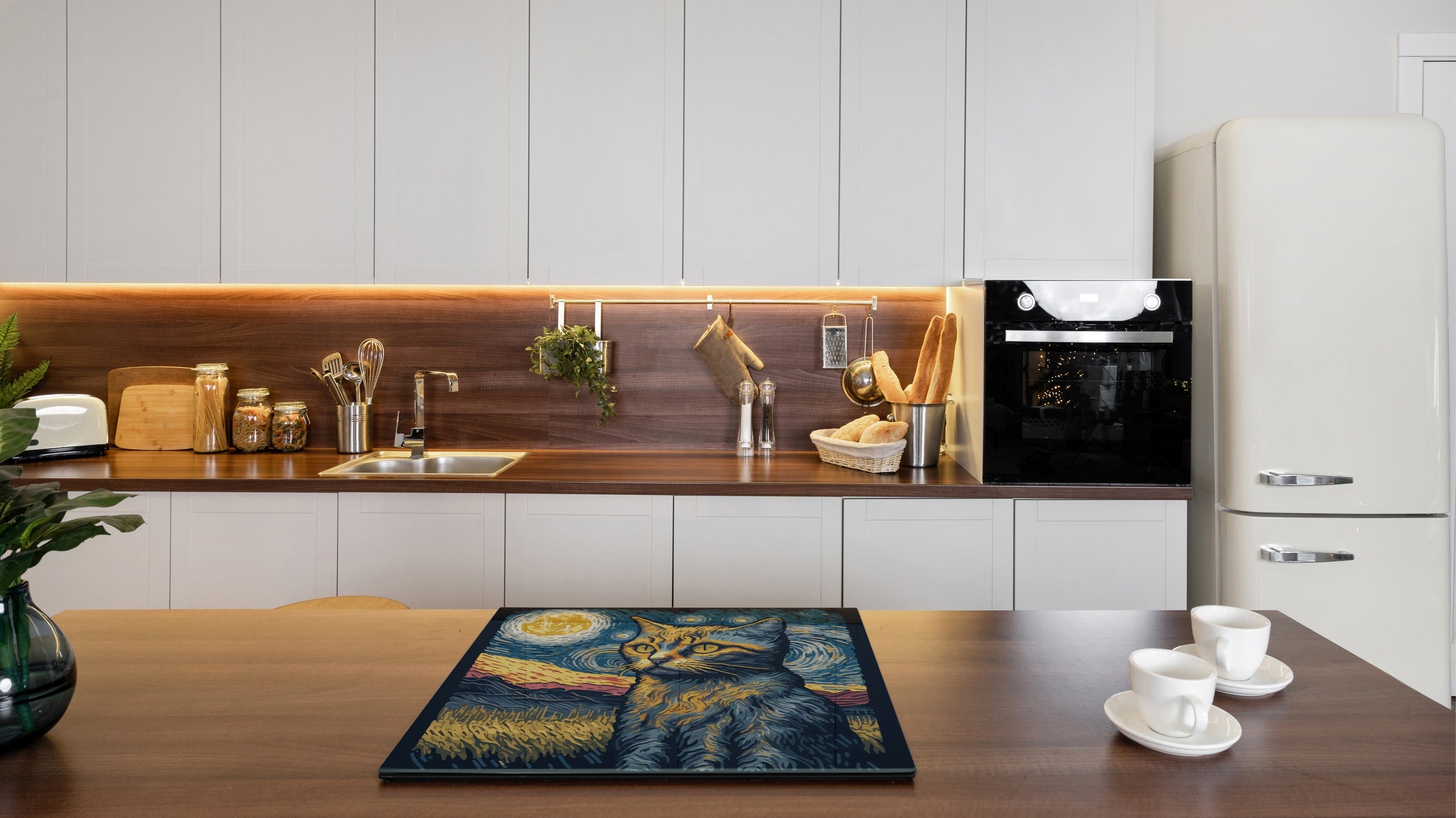 Versatile Tempered Glass Worktop Saver and Induction Cooktop Cover – Durable and Scratch-Resistant – MEASURES: SINGLE: 60 x 52 cm; DOUBLE: 2 x 30 x 52 cm; D41 Abstract Concepts Series 1 : Van Gogh's Cat
