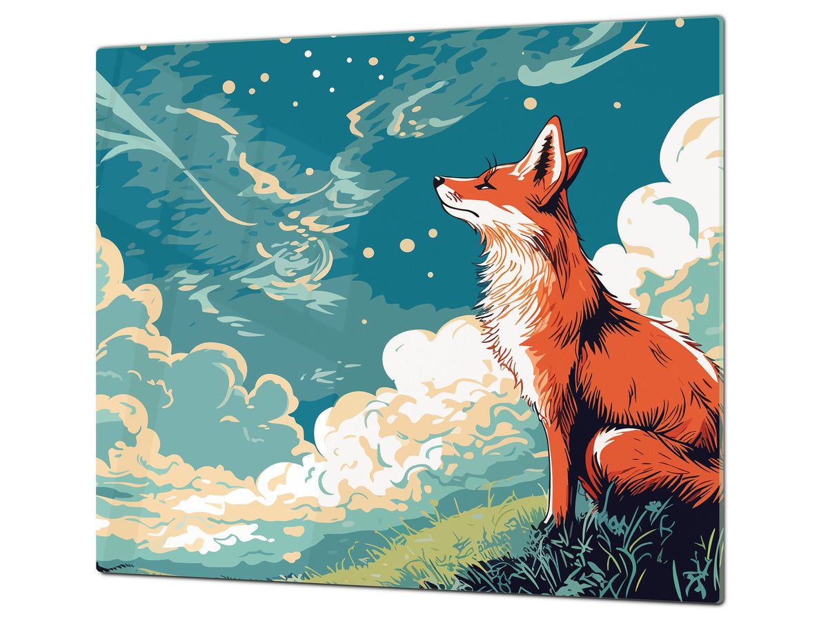 Chopping Board - Induction Cooktop Cover - Glass Cutting Board – Impact & Shatter Resistant – MEASURES: SINGLE: 60 x 52 cm; DOUBLE: 2 x 30 x 52 cm; D42 Modern Art Series : Cartoon Fox