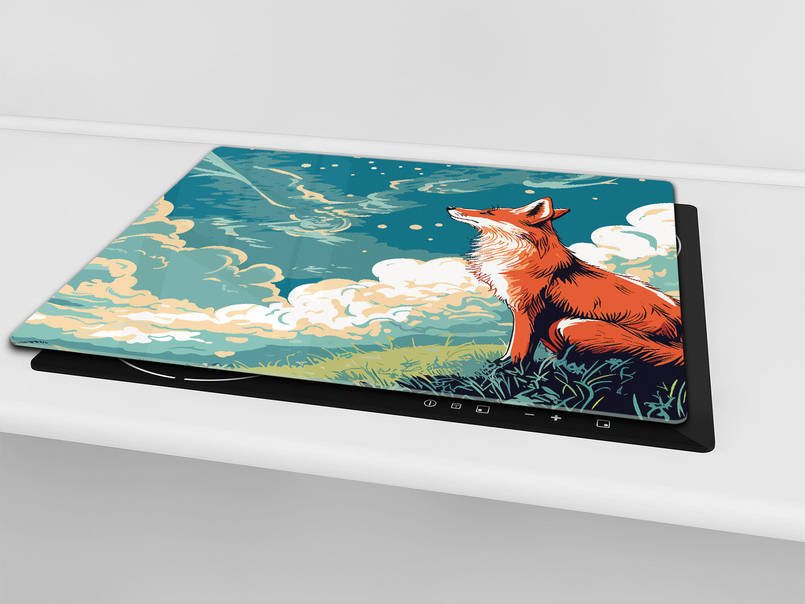 Chopping Board - Induction Cooktop Cover - Glass Cutting Board – Impact & Shatter Resistant – MEASURES: SINGLE: 60 x 52 cm; DOUBLE: 2 x 30 x 52 cm; D42 Modern Art Series : Cartoon Fox