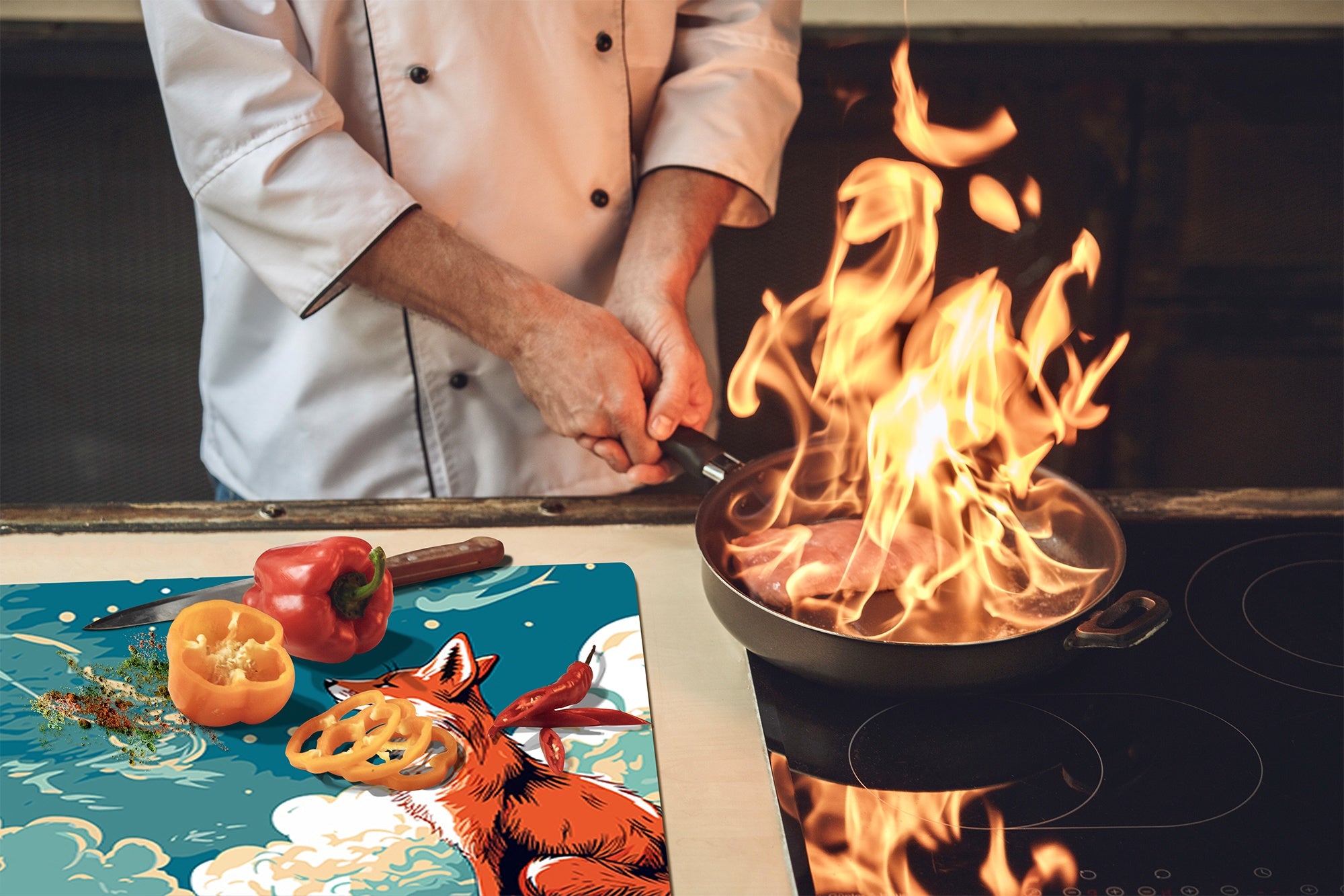 Chopping Board - Induction Cooktop Cover - Glass Cutting Board – Impact & Shatter Resistant – MEASURES: SINGLE: 60 x 52 cm; DOUBLE: 2 x 30 x 52 cm; D42 Modern Art Series : Cartoon Fox