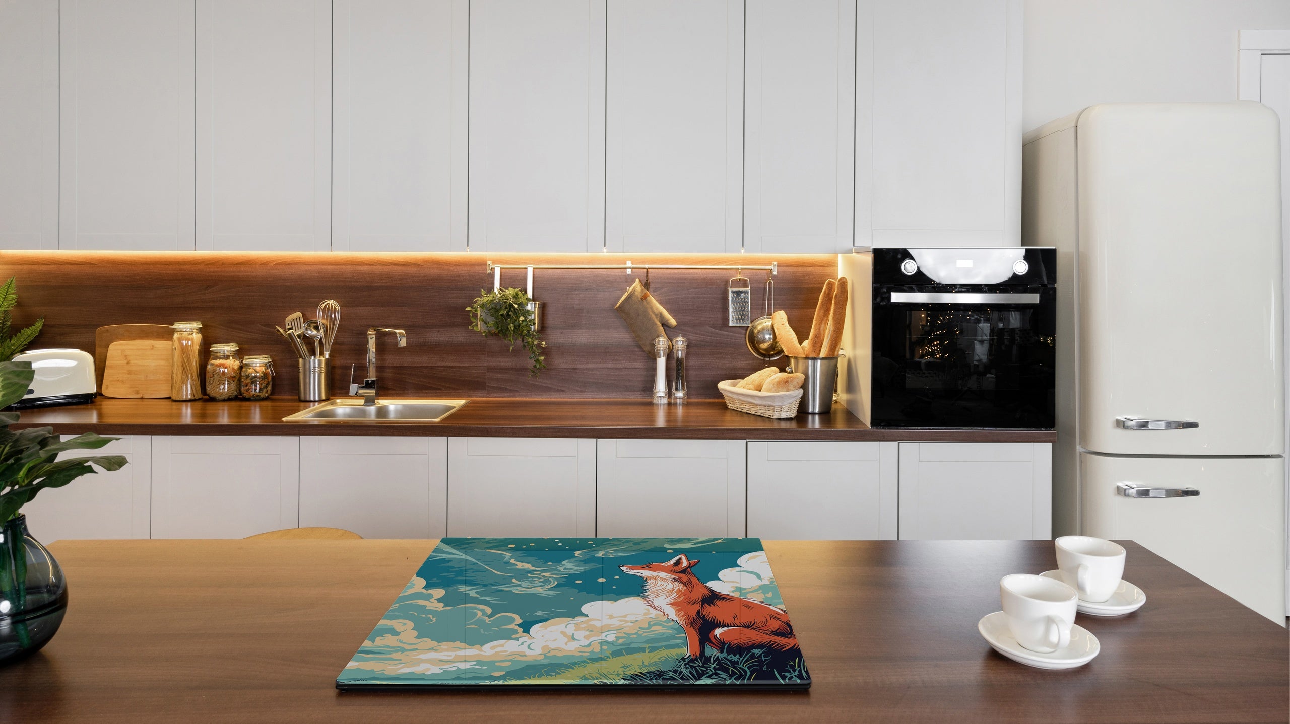 Chopping Board - Induction Cooktop Cover - Glass Cutting Board – Impact & Shatter Resistant – MEASURES: SINGLE: 60 x 52 cm; DOUBLE: 2 x 30 x 52 cm; D42 Modern Art Series : Cartoon Fox