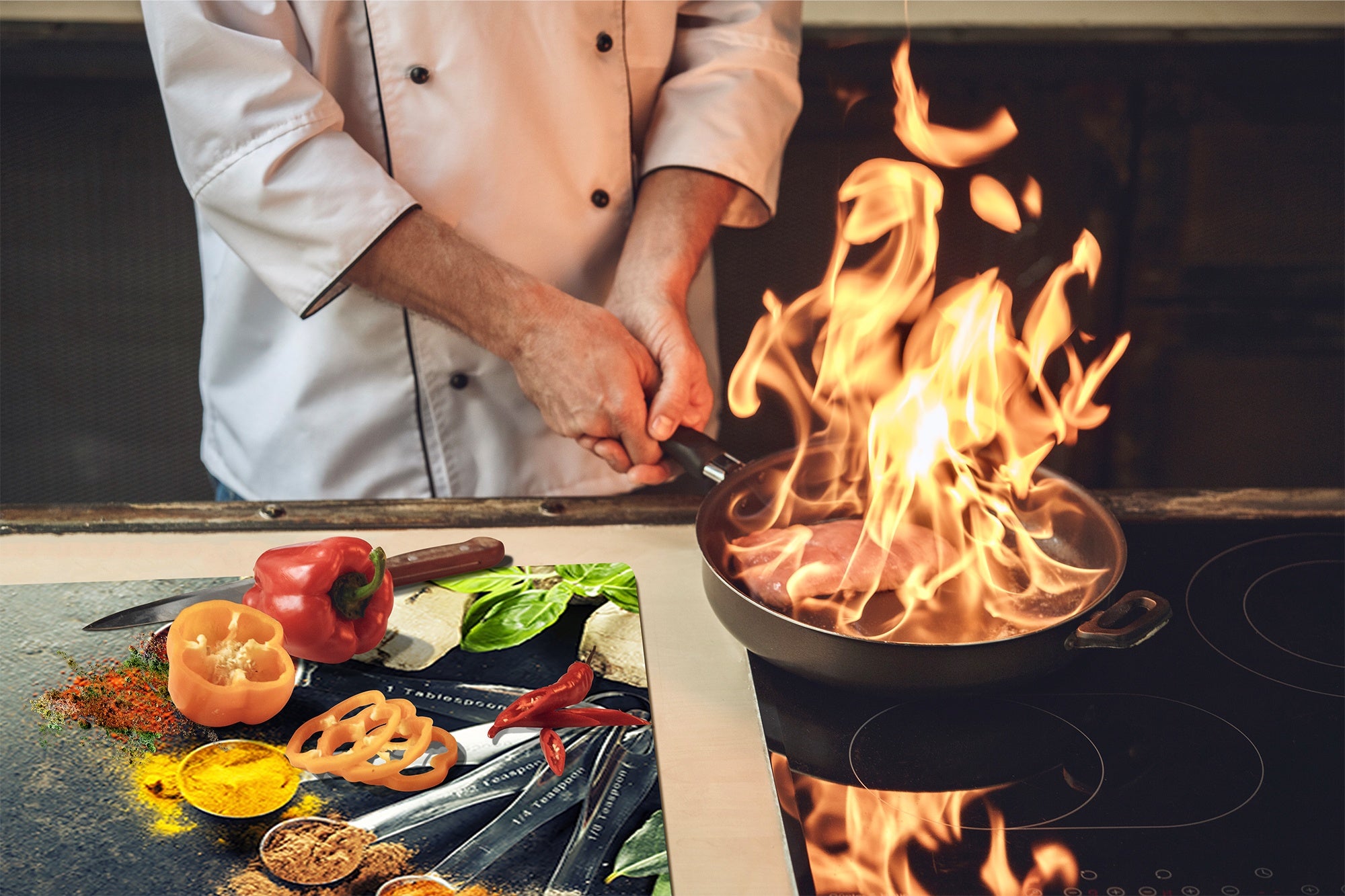Induction Cooktop Cover –Shatter Resistant Glass Kitchen Board – Hob cover; MEASURES: SINGLE: 60 x 52 cm (23,62” x 20,47”); DOUBLE: 30 x 52 cm (11,81” x 20,47”); D38 Herbs and spices Series : Curry spices