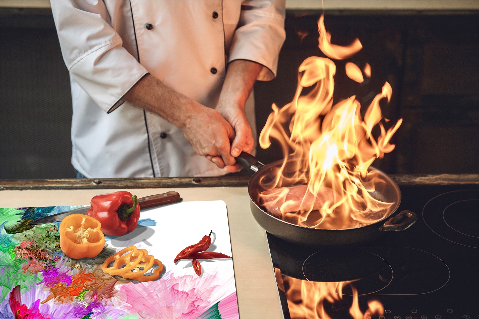 TEMPERED GLASS CHOPPING BOARD – Glass Cutting Board and Worktop Saver; MEASURES: SINGLE: 60 x 52 cm (23,62” x 20,47”); DOUBLE: 30 x 52 cm (11,81” x 20,47”); D36 Textures Series : Colourful background