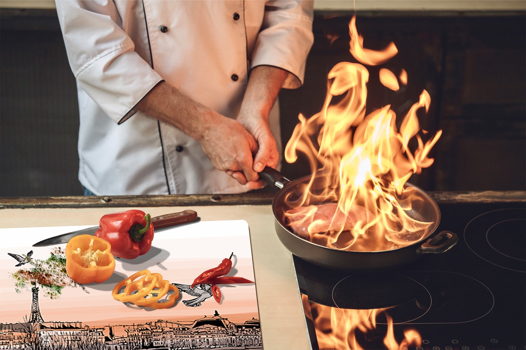 Chopping Board Set - Induction Cooktop Cover –Glass Cutting Board; MEASURES: SINGLE: 60 x 52 cm (23,62” x 20,47”); DOUBLE: 30 x 52 cm (11,81” x 20,47”); D39 Miscellaneous Series : Landscape of Paris