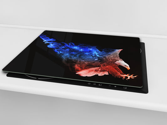 Induction Cooktop Cover Kitchen Board – Impact Resistant Glass Pastry Board; MEASURES: SINGLE: 60 x 52 cm (23,62” x 20,47”); DOUBLE: 30 x 52 cm (11,81” x 20,47”); D37 Animals Series : Colourful eagle