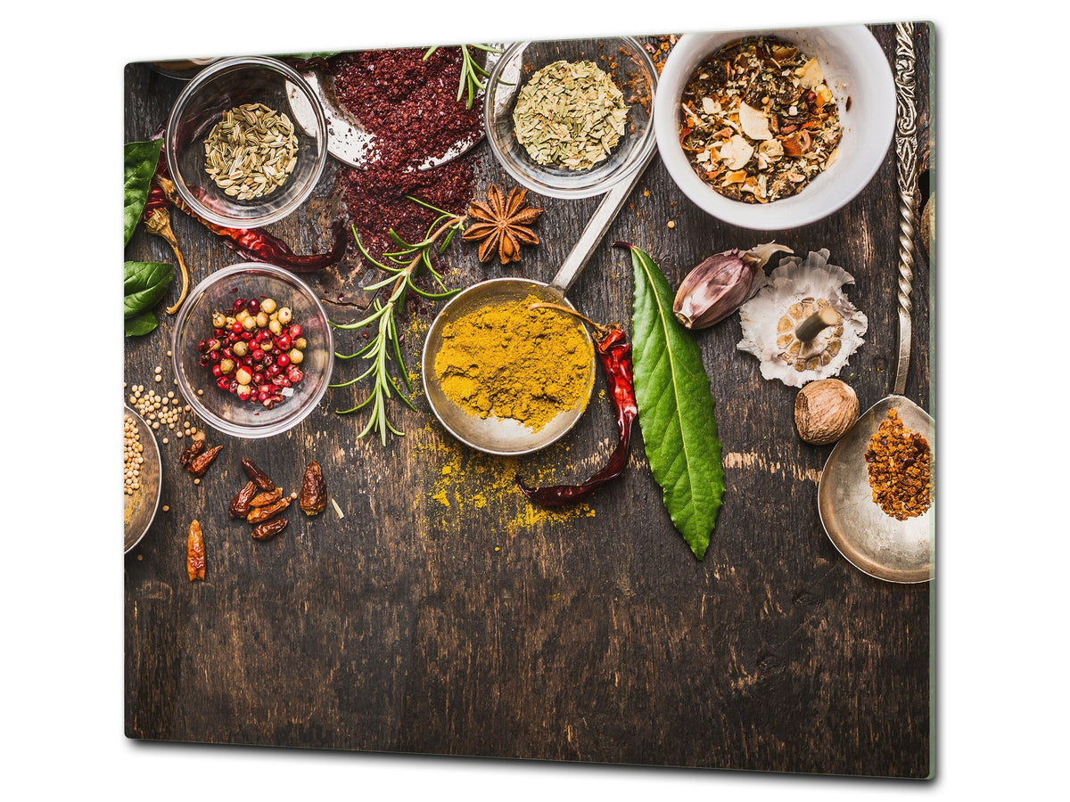 Induction Cooktop Cover –Shatter Resistant Glass Kitchen Board – Hob cover; MEASURES: SINGLE: 60 x 52 cm (23,62” x 20,47”); DOUBLE: 30 x 52 cm (11,81” x 20,47”); D38 Herbs and spices Series : Rustical spices