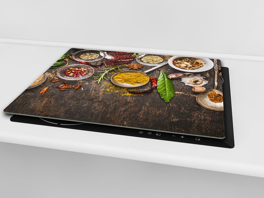 Induction Cooktop Cover –Shatter Resistant Glass Kitchen Board – Hob cover; MEASURES: SINGLE: 60 x 52 cm (23,62” x 20,47”); DOUBLE: 30 x 52 cm (11,81” x 20,47”); D38 Herbs and spices Series : Rustical spices