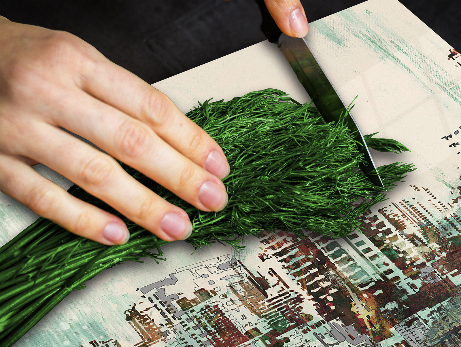 Chopping Board Set - Induction Cooktop Cover –Glass Cutting Board; MEASURES: SINGLE: 60 x 52 cm (23,62” x 20,47”); DOUBLE: 30 x 52 cm (11,81” x 20,47”); D39 Miscellaneous Series : Abstract cityscape 2