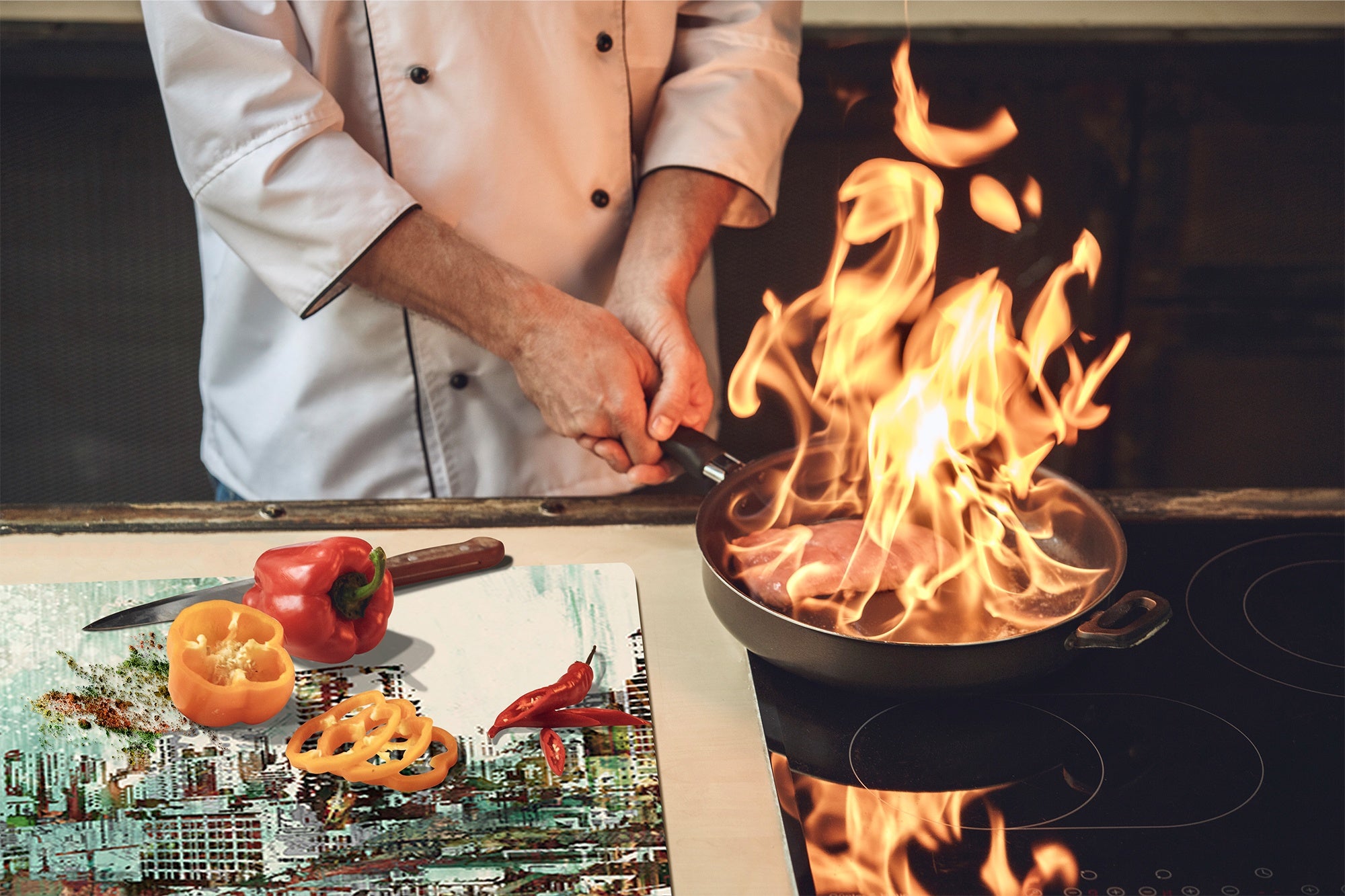 Chopping Board Set - Induction Cooktop Cover –Glass Cutting Board; MEASURES: SINGLE: 60 x 52 cm (23,62” x 20,47”); DOUBLE: 30 x 52 cm (11,81” x 20,47”); D39 Miscellaneous Series : Abstract cityscape 2