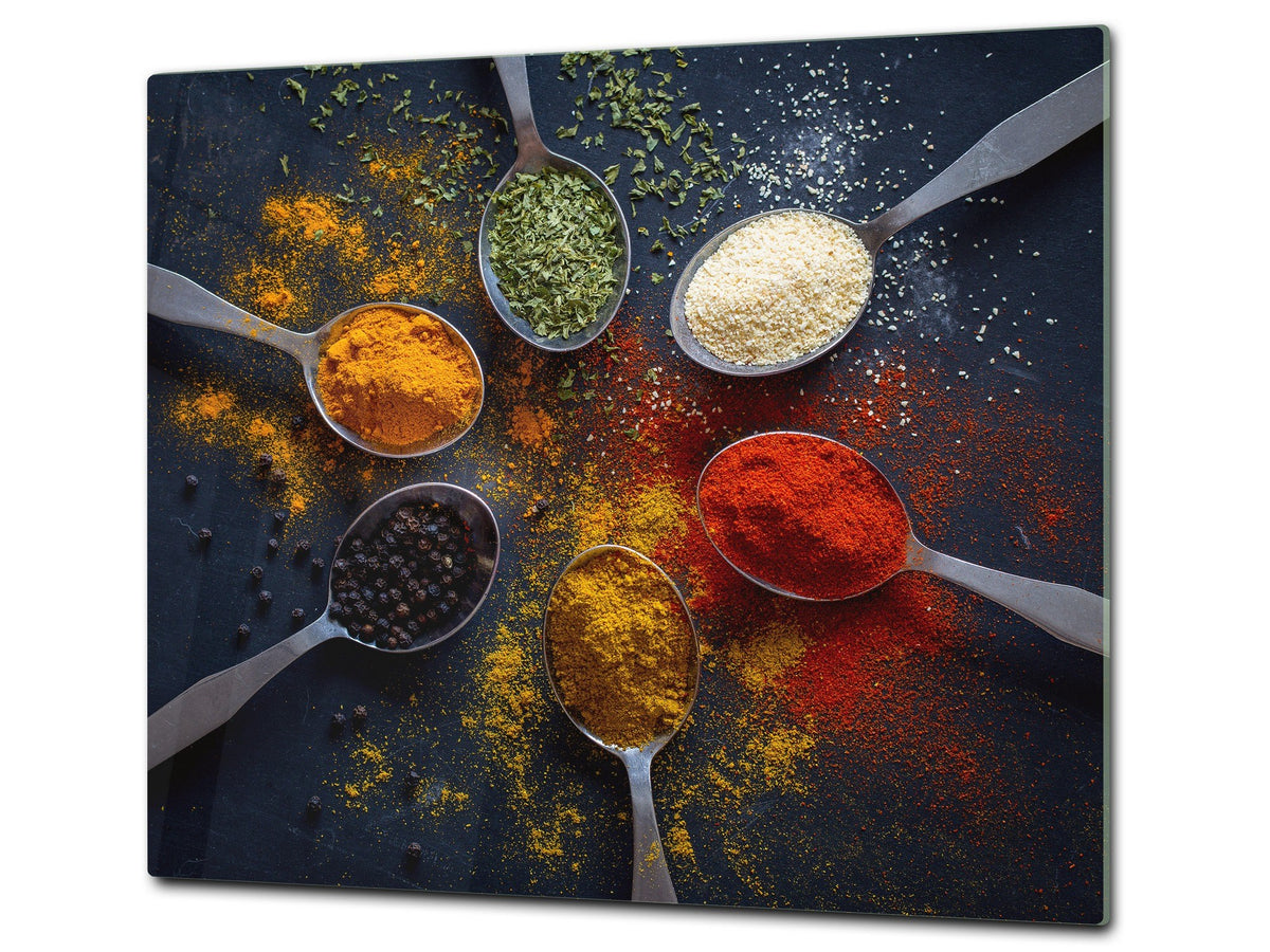 Induction Cooktop Cover –Shatter Resistant Glass Kitchen Board – Hob cover; MEASURES: SINGLE: 60 x 52 cm (23,62” x 20,47”); DOUBLE: 30 x 52 cm (11,81” x 20,47”); D38 Herbs and spices Series : Spoonful of spices