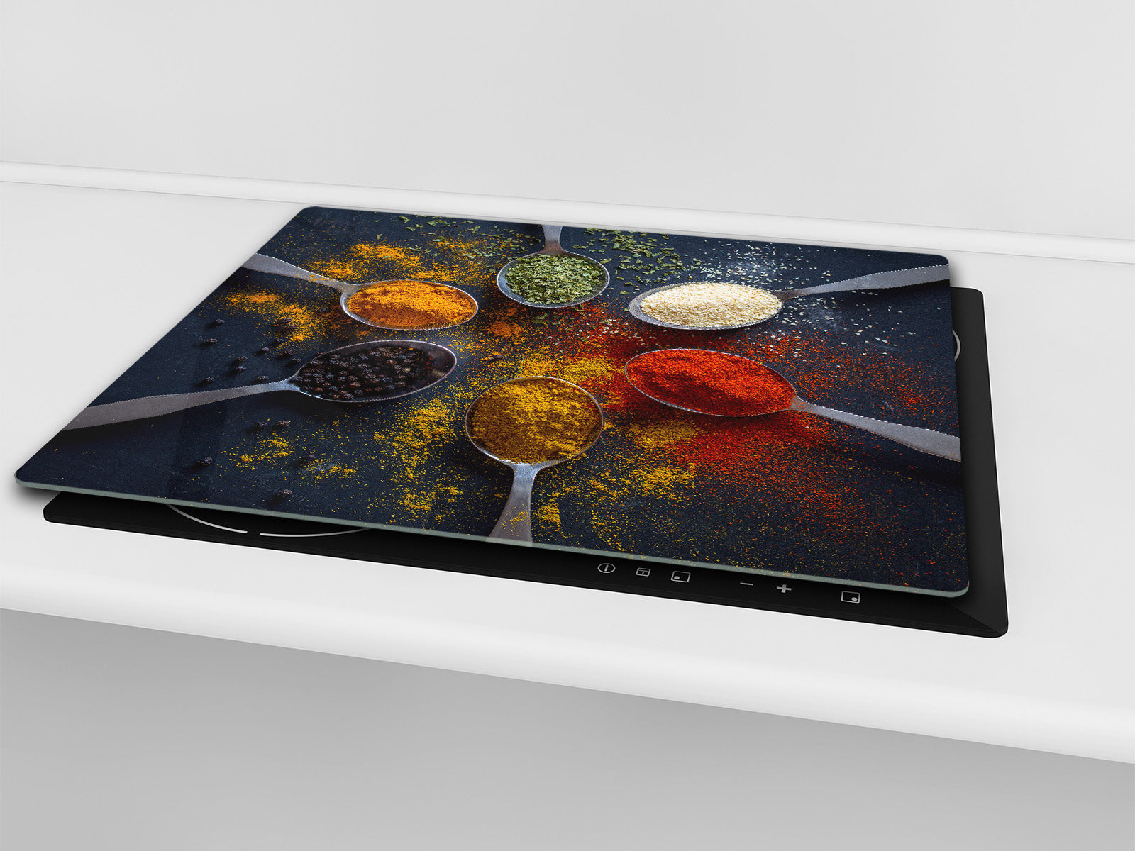 Induction Cooktop Cover –Shatter Resistant Glass Kitchen Board – Hob cover; MEASURES: SINGLE: 60 x 52 cm (23,62” x 20,47”); DOUBLE: 30 x 52 cm (11,81” x 20,47”); D38 Herbs and spices Series : Spoonful of spices