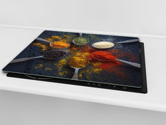 Induction Cooktop Cover –Shatter Resistant Glass Kitchen Board – Hob cover; MEASURES: SINGLE: 60 x 52 cm (23,62” x 20,47”); DOUBLE: 30 x 52 cm (11,81” x 20,47”); D38 Herbs and spices Series : Spoonful of spices