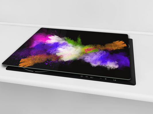 UNIQUE Tempered GLASS Kitchen Board –Scratch Resistant Glass Cutting Board – MEASURES: SINGLE: 60 x 52 cm (23,62” x 20,47”); DOUBLE: 30 x 52 cm (11,81” x 20,47”); D35 Art Series : Colour explosion 3