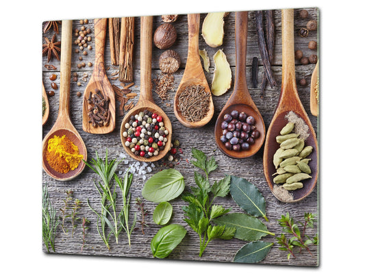 Induction Cooktop Cover –Shatter Resistant Glass Kitchen Board – Hob cover; MEASURES: SINGLE: 60 x 52 cm (23,62” x 20,47”); DOUBLE: 30 x 52 cm (11,81” x 20,47”); D38 Herbs and spices Series : Herbs and spices 1