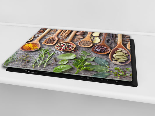 Induction Cooktop Cover –Shatter Resistant Glass Kitchen Board – Hob cover; MEASURES: SINGLE: 60 x 52 cm (23,62” x 20,47”); DOUBLE: 30 x 52 cm (11,81” x 20,47”); D38 Herbs and spices Series : Herbs and spices 1