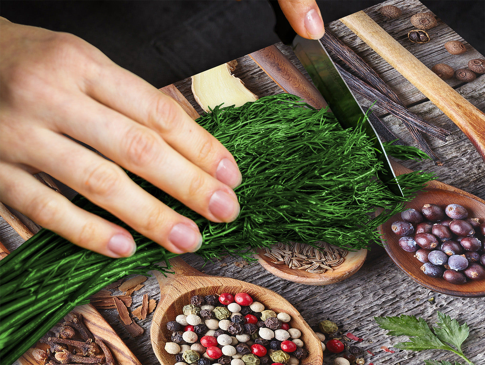 Induction Cooktop Cover –Shatter Resistant Glass Kitchen Board – Hob cover; MEASURES: SINGLE: 60 x 52 cm (23,62” x 20,47”); DOUBLE: 30 x 52 cm (11,81” x 20,47”); D38 Herbs and spices Series : Herbs and spices 1