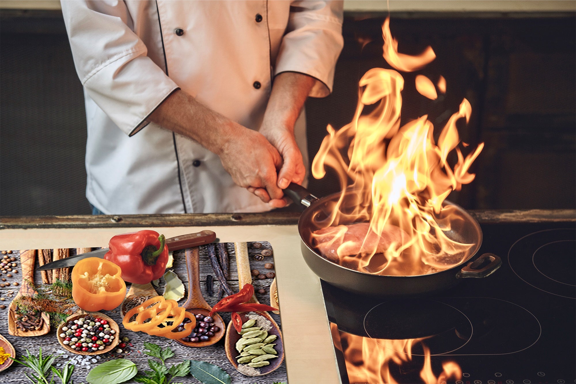 Induction Cooktop Cover –Shatter Resistant Glass Kitchen Board – Hob cover; MEASURES: SINGLE: 60 x 52 cm (23,62” x 20,47”); DOUBLE: 30 x 52 cm (11,81” x 20,47”); D38 Herbs and spices Series : Herbs and spices 1