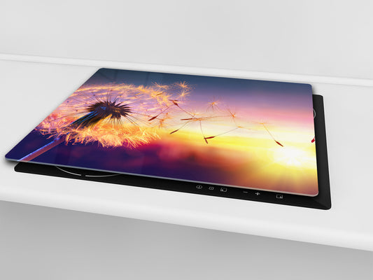 Tempered GLASS Cutting Board – Worktop saver and Pastry Board –- Glass Kitchen Board; MEASURES: SINGLE: 60 x 52 cm (23,62” x 20,47”); DOUBLE: 30 x 52 cm (11,81” x 20,47”); D34 Nature Series: Sunset dandelion