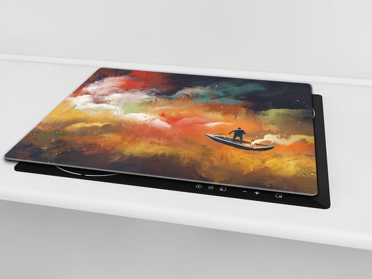 Premium Tempered Glass Cutting Board and Worktop Saver – Glass Pastry Board and Cooktop Cover – MEASURES: SINGLE: 60 x 52 cm; DOUBLE: 2 x 30 x 52 cm; D40 Colorful Illustrations Series : Sailing through the Dreams