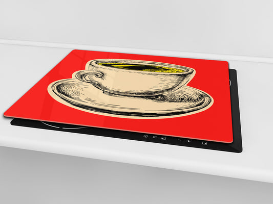 KITCHEN BOARD & Induction Cooktop Cover – Glass Pastry Board - Tempered Glass Chopping Board and Serving Tray – DIMENSIONS: SINGLE: 23,62” x 20,47”; DOUBLE: 11,81” x 20,47” – D44 Pop Art Series : Pop Art Cup of Coffee 3