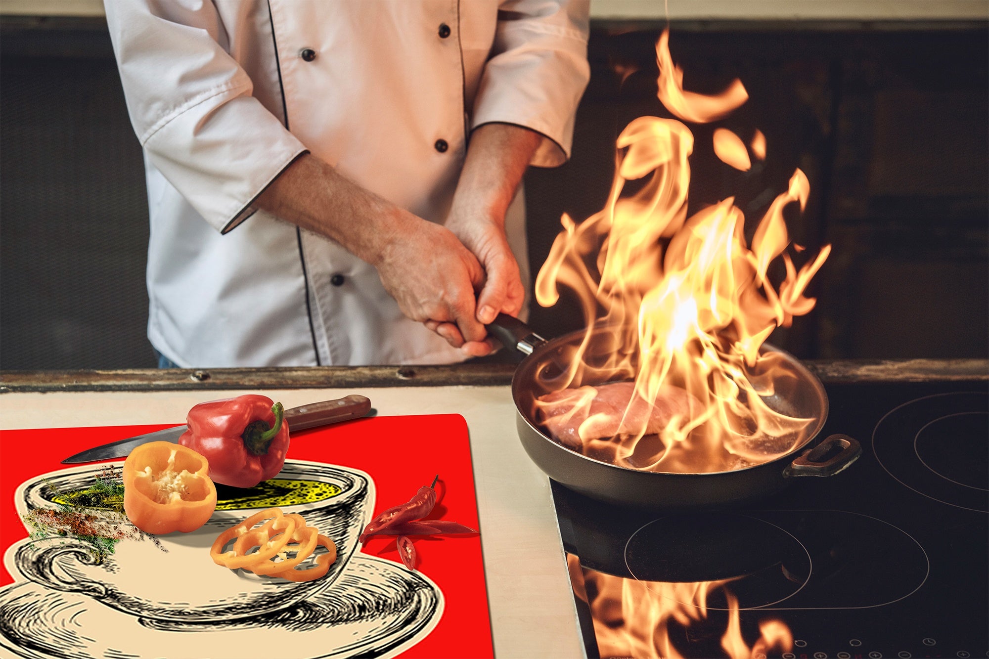 KITCHEN BOARD & Induction Cooktop Cover – Glass Pastry Board - Tempered Glass Chopping Board and Serving Tray – DIMENSIONS: SINGLE: 23,62” x 20,47”; DOUBLE: 11,81” x 20,47” – D44 Pop Art Series : Pop Art Cup of Coffee 3