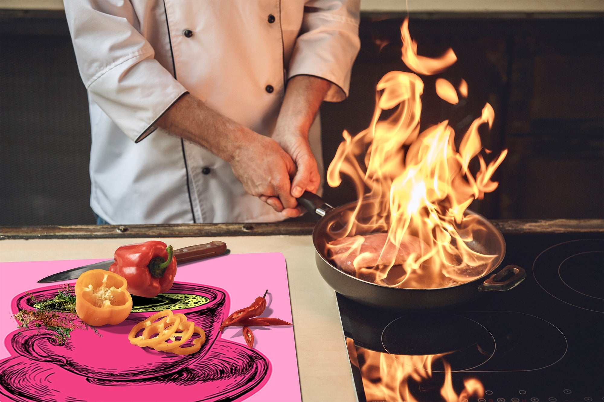 KITCHEN BOARD & Induction Cooktop Cover – Glass Pastry Board - Tempered Glass Chopping Board and Serving Tray – DIMENSIONS: SINGLE: 23,62” x 20,47”; DOUBLE: 11,81” x 20,47” – D44 Pop Art Series : Pop Art Cup of Coffee 5