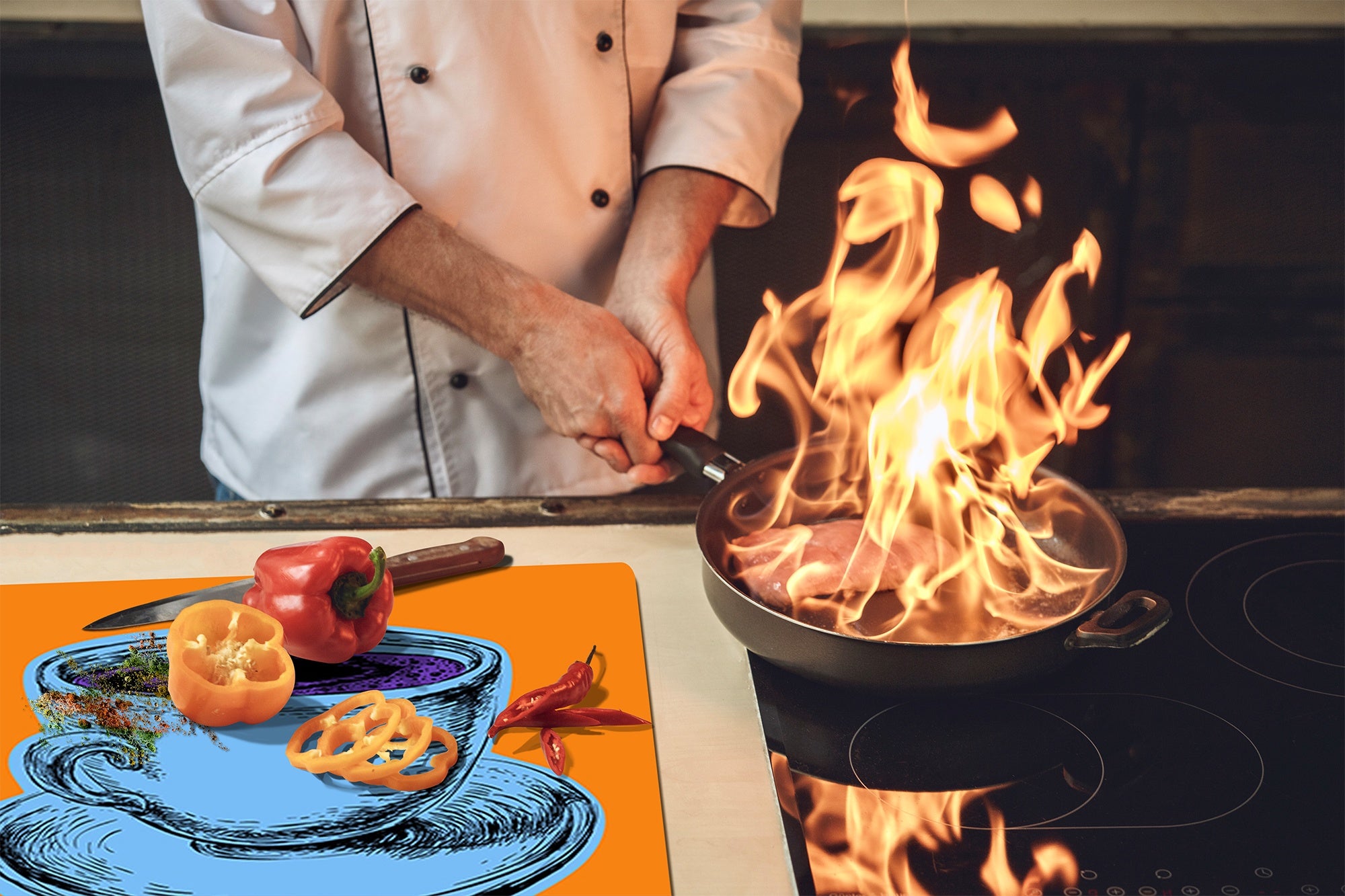 KITCHEN BOARD & Induction Cooktop Cover – Glass Pastry Board - Tempered Glass Chopping Board and Serving Tray – DIMENSIONS: SINGLE: 23,62” x 20,47”; DOUBLE: 11,81” x 20,47” – D44 Pop Art Series : Pop Art Cup of Coffee 6