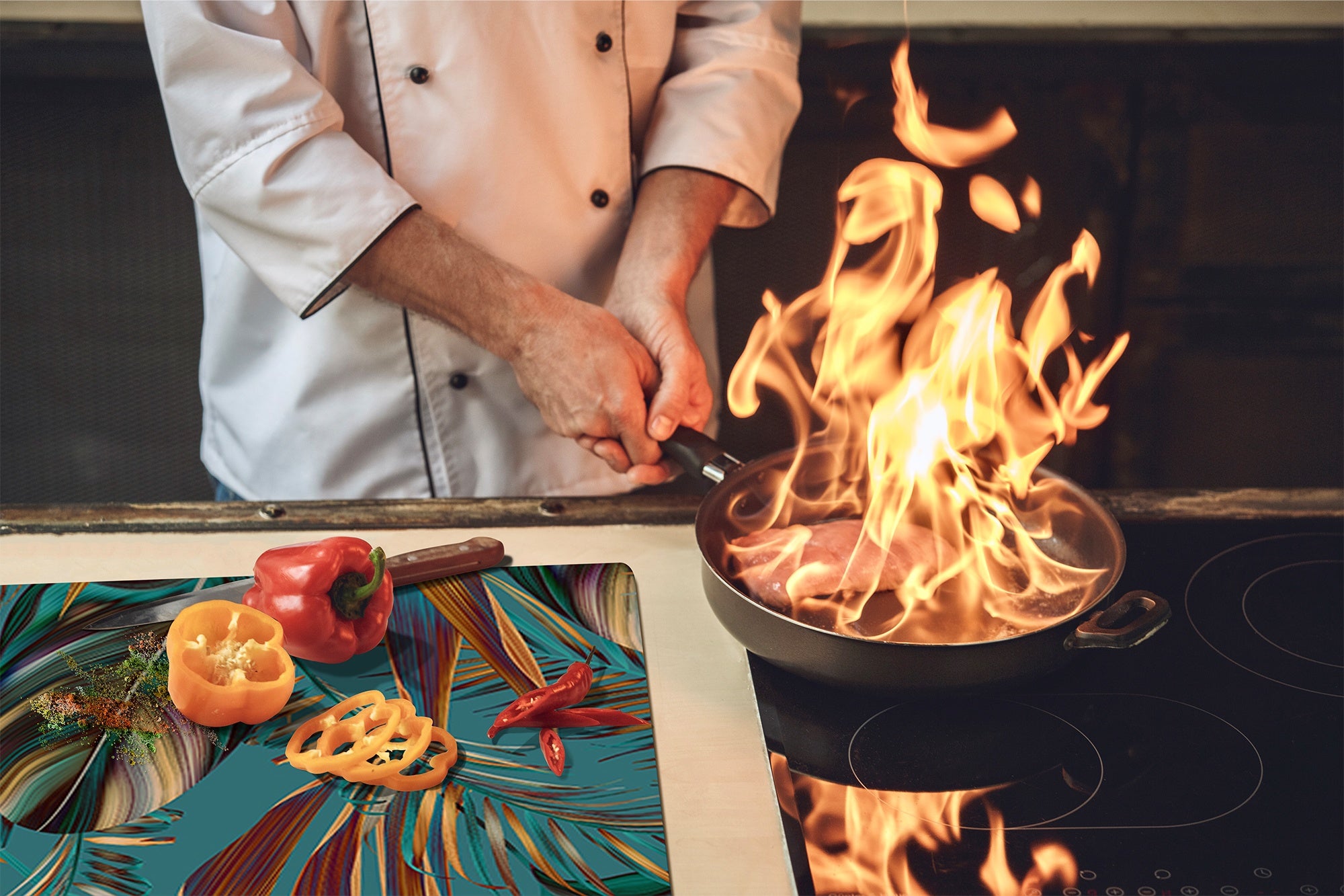 TEMPERED GLASS CHOPPING BOARD – Glass Cutting Board and Worktop Saver; MEASURES: SINGLE: 60 x 52 cm (23,62” x 20,47”); DOUBLE: 30 x 52 cm (11,81” x 20,47”); D36 Textures Series : Tropical wallpaper 1