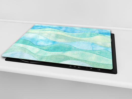 UNIQUE Tempered GLASS Kitchen Board –Scratch Resistant Glass Cutting Board – MEASURES: SINGLE: 60 x 52 cm (23,62” x 20,47”); DOUBLE: 30 x 52 cm (11,81” x 20,47”); D35 Art Series : Watercolour waves