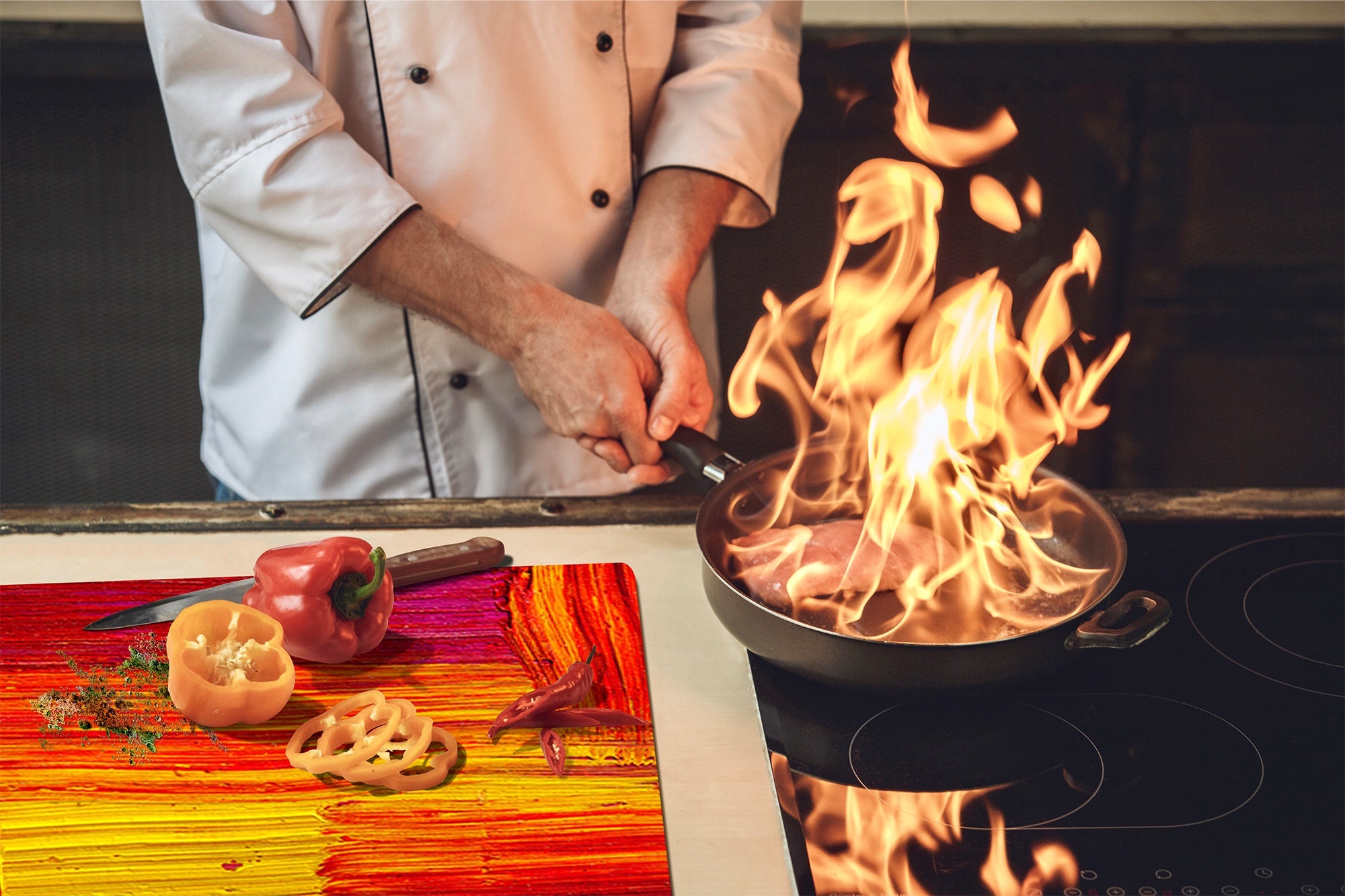 TEMPERED GLASS CHOPPING BOARD – Glass Cutting Board and Worktop Saver; MEASURES: SINGLE: 60 x 52 cm (23,62” x 20,47”); DOUBLE: 30 x 52 cm (11,81” x 20,47”); D36 Textures Series : Abstract colour texture