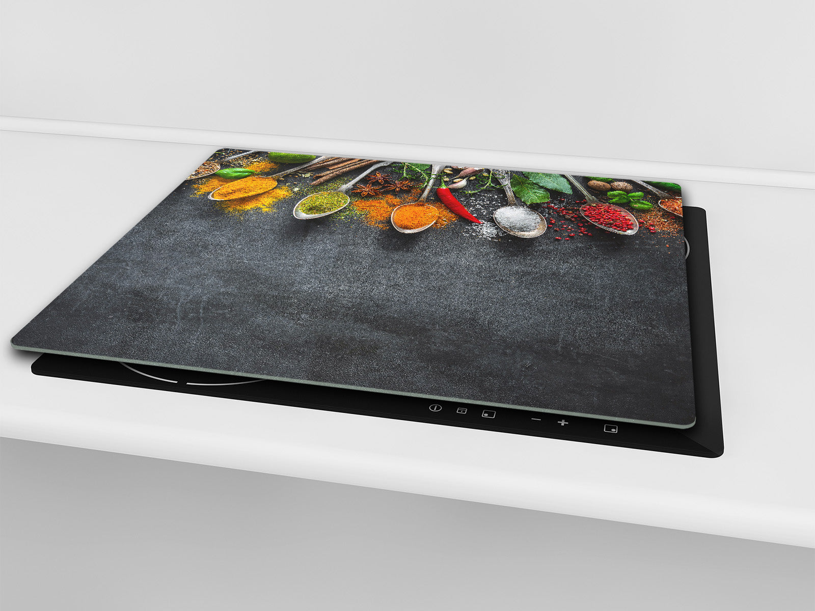 Induction Cooktop Cover –Shatter Resistant Glass Kitchen Board – Hob cover; MEASURES: SINGLE: 60 x 52 cm (23,62” x 20,47”); DOUBLE: 30 x 52 cm (11,81” x 20,47”); D38 Herbs and spices Series : Herbs and spices 2