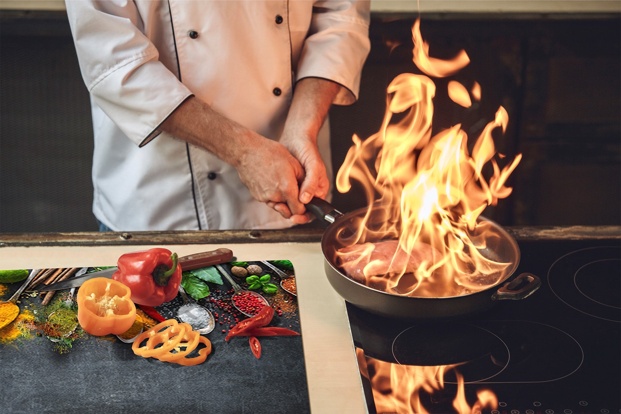 Induction Cooktop Cover –Shatter Resistant Glass Kitchen Board – Hob cover; MEASURES: SINGLE: 60 x 52 cm (23,62” x 20,47”); DOUBLE: 30 x 52 cm (11,81” x 20,47”); D38 Herbs and spices Series : Herbs and spices 2