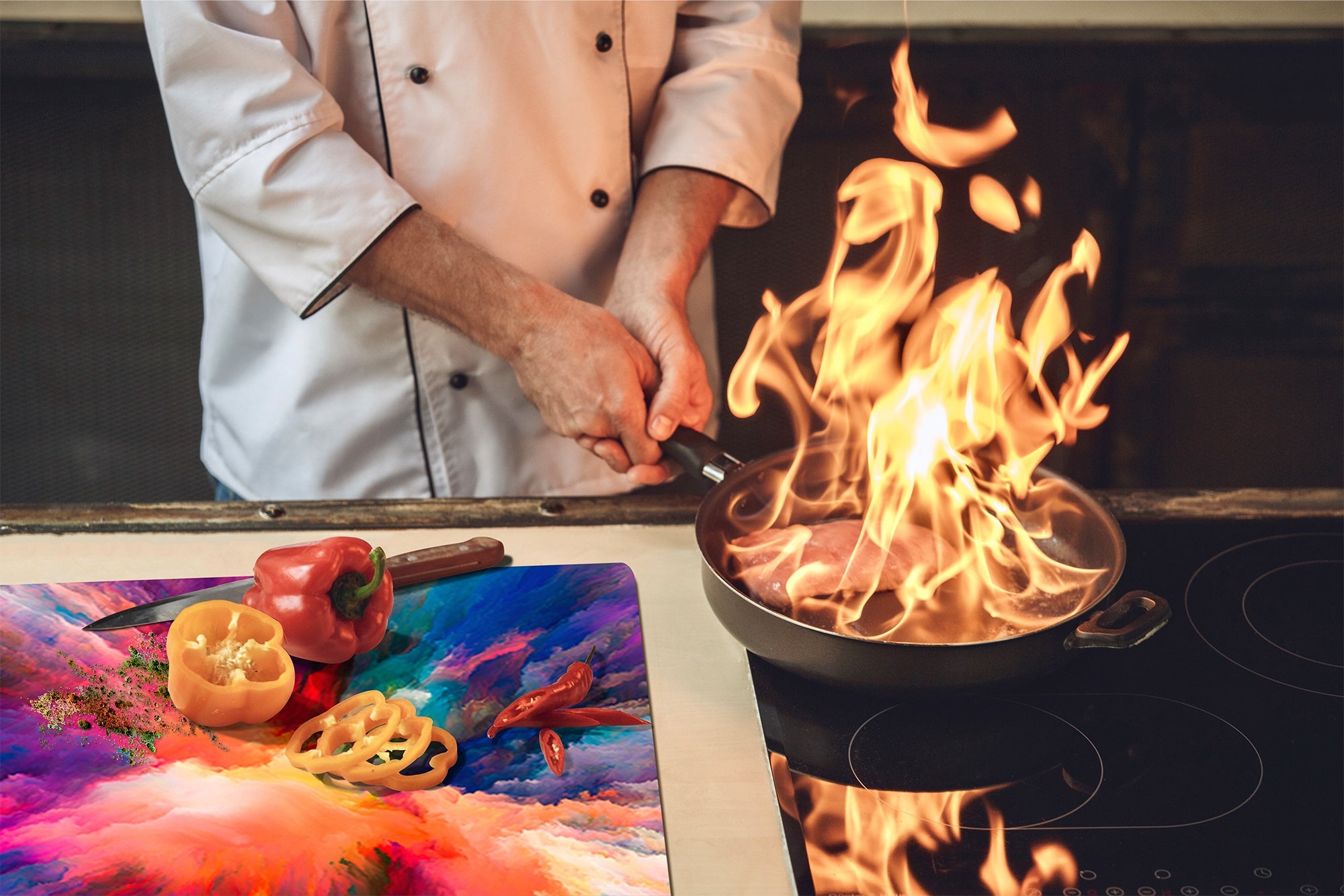 TEMPERED GLASS CHOPPING BOARD – Glass Cutting Board and Worktop Saver; MEASURES: SINGLE: 60 x 52 cm (23,62” x 20,47”); DOUBLE: 30 x 52 cm (11,81” x 20,47”); D36 Textures Series : Colours splash