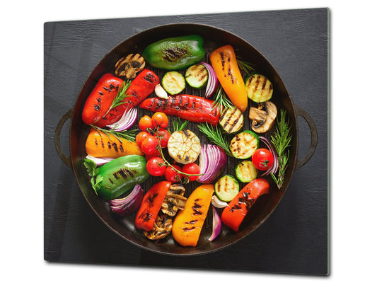 Induction Cooktop Cover –Shatter Resistant Glass Kitchen Board – Hob cover; MEASURES: SINGLE: 60 x 52 cm (23,62” x 20,47”); DOUBLE: 30 x 52 cm (11,81” x 20,47”); D38 Herbs and spices Series : Grilled vegetables