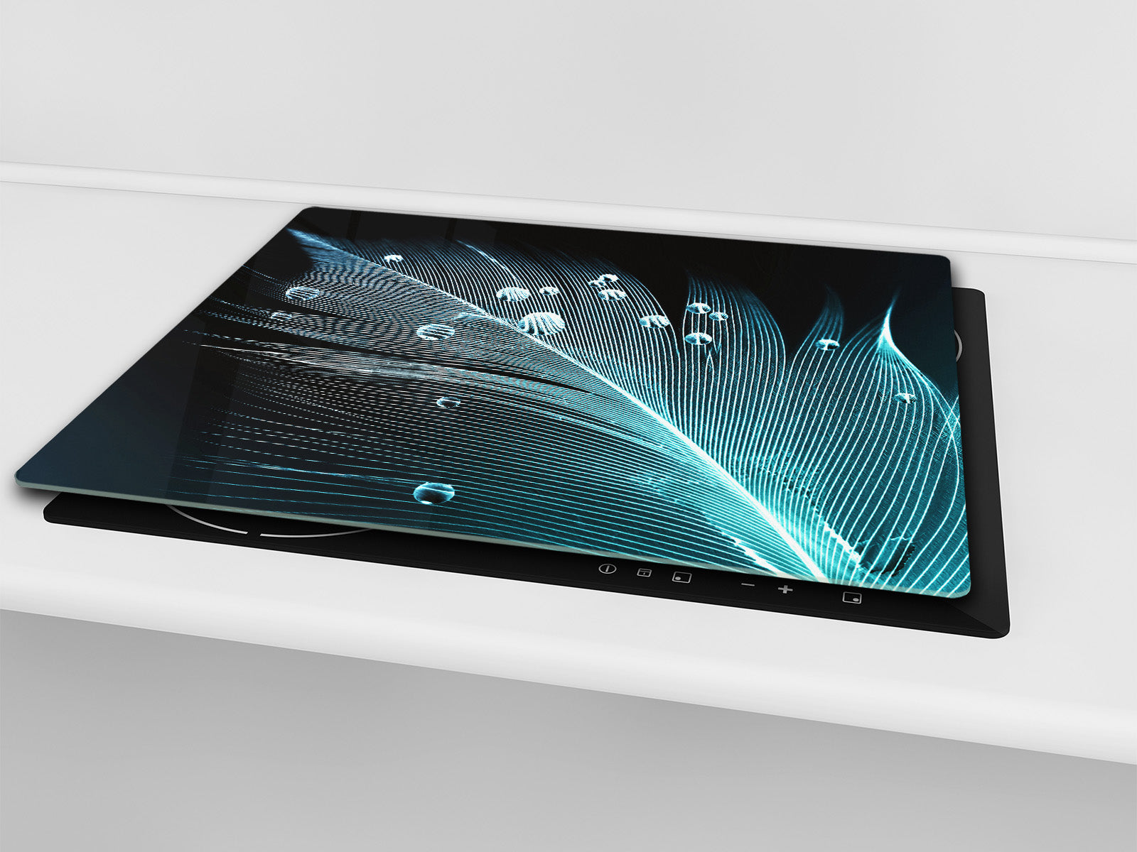 Chopping Board Set - Induction Cooktop Cover –Glass Cutting Board; MEASURES: SINGLE: 60 x 52 cm (23,62” x 20,47”); DOUBLE: 30 x 52 cm (11,81” x 20,47”); D39 Miscellaneous Series : Feather water drops