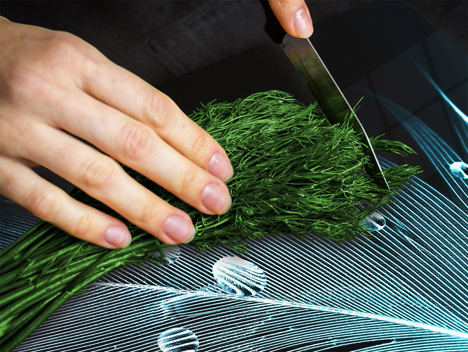 Chopping Board Set - Induction Cooktop Cover –Glass Cutting Board; MEASURES: SINGLE: 60 x 52 cm (23,62” x 20,47”); DOUBLE: 30 x 52 cm (11,81” x 20,47”); D39 Miscellaneous Series : Feather water drops