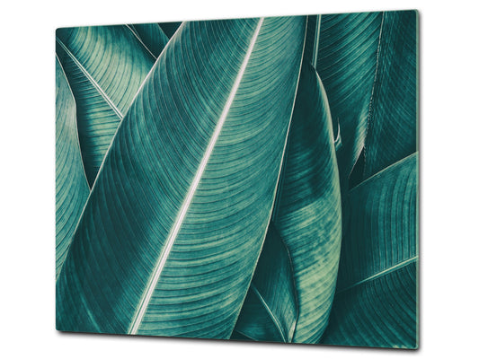 Tempered GLASS Cutting Board – Worktop saver and Pastry Board –- Glass Kitchen Board; MEASURES: SINGLE: 60 x 52 cm (23,62” x 20,47”); DOUBLE: 30 x 52 cm (11,81” x 20,47”); D34 Nature Series: Tropical leaves texture