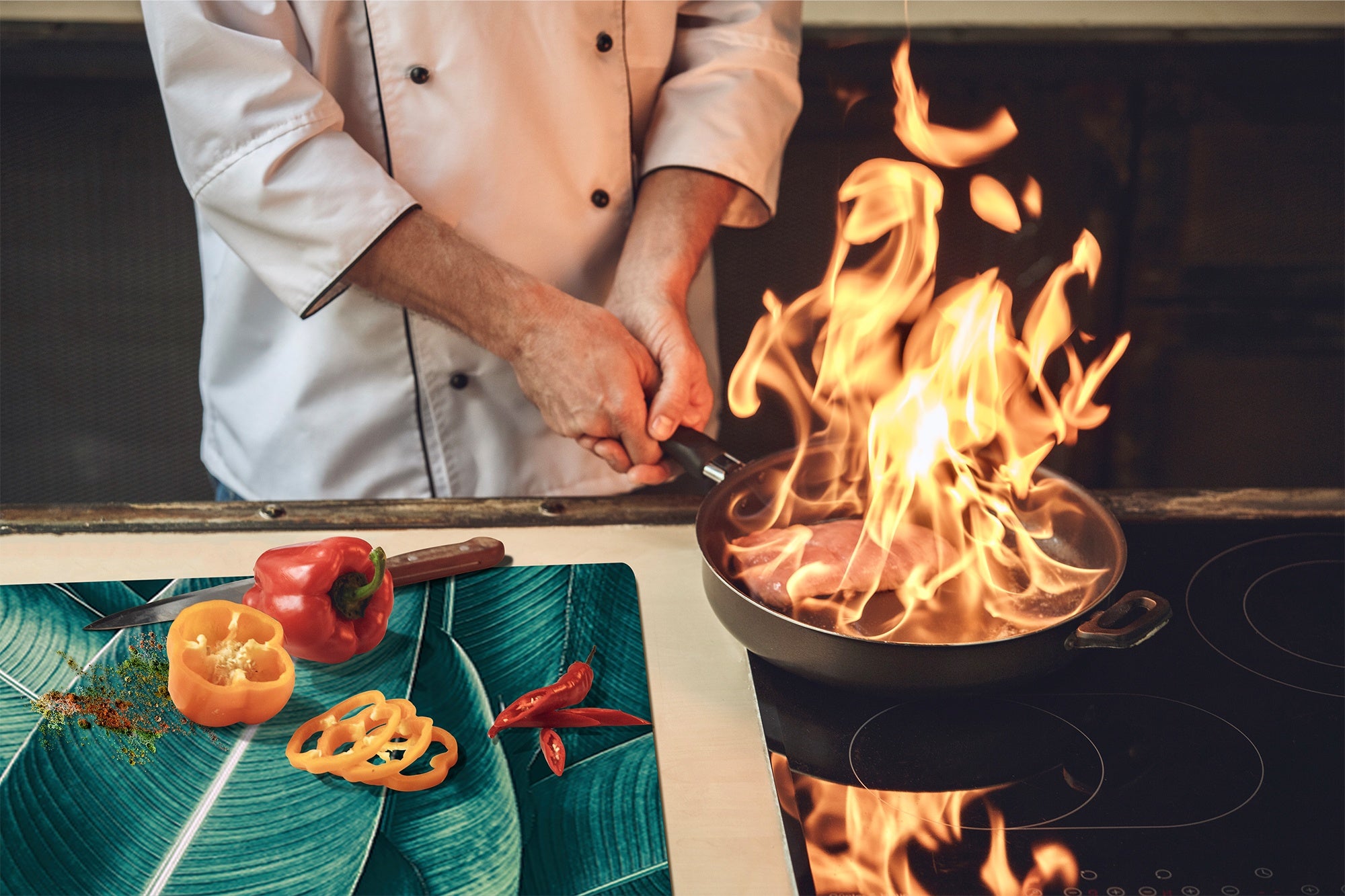 Tempered GLASS Cutting Board – Worktop saver and Pastry Board –- Glass Kitchen Board; MEASURES: SINGLE: 60 x 52 cm (23,62” x 20,47”); DOUBLE: 30 x 52 cm (11,81” x 20,47”); D34 Nature Series: Tropical leaves texture