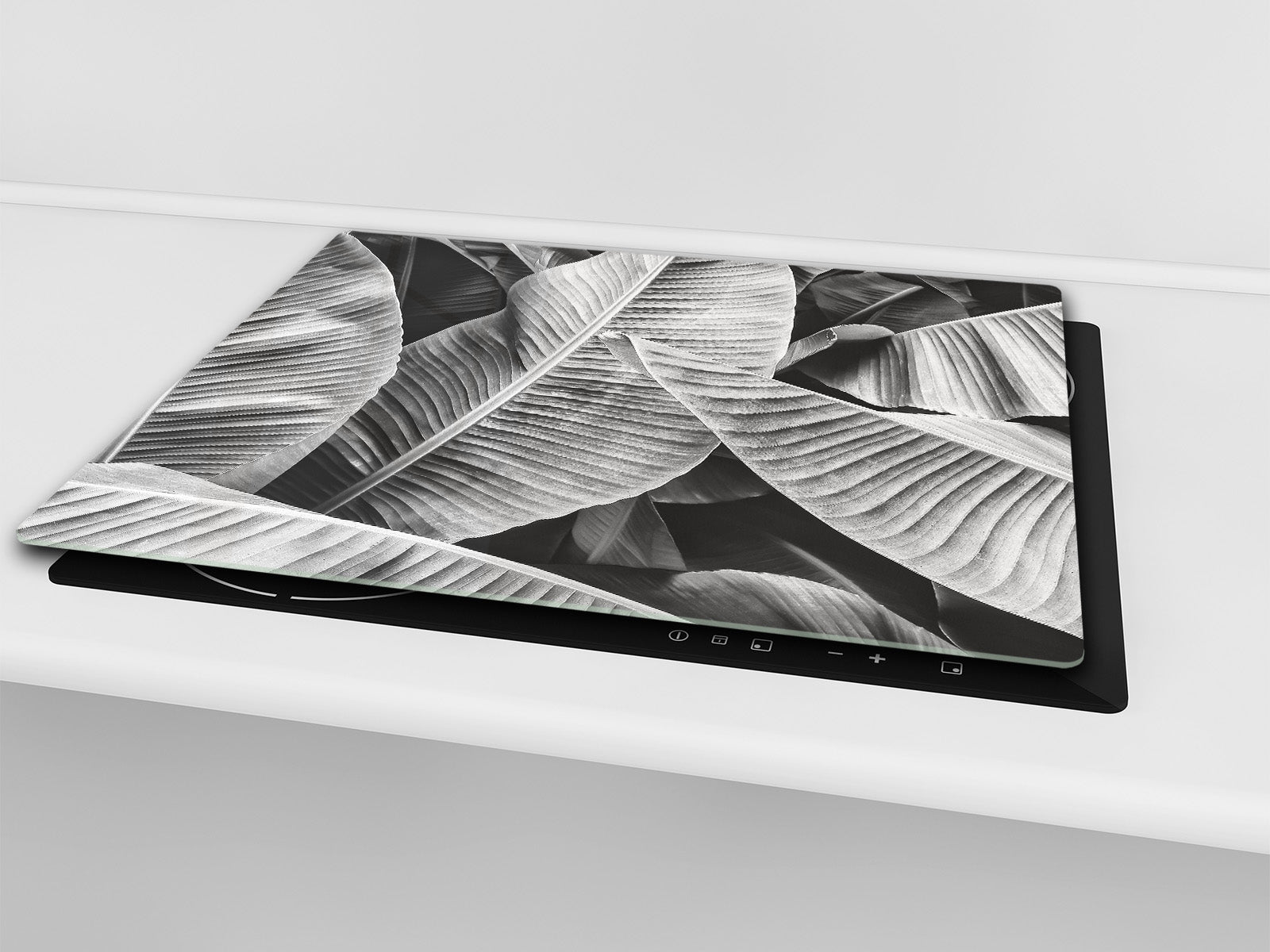 Tempered GLASS Cutting Board – Worktop saver and Pastry Board –- Glass Kitchen Board; MEASURES: SINGLE: 60 x 52 cm (23,62” x 20,47”); DOUBLE: 30 x 52 cm (11,81” x 20,47”); D34 Nature Series: Black and white banana leaves