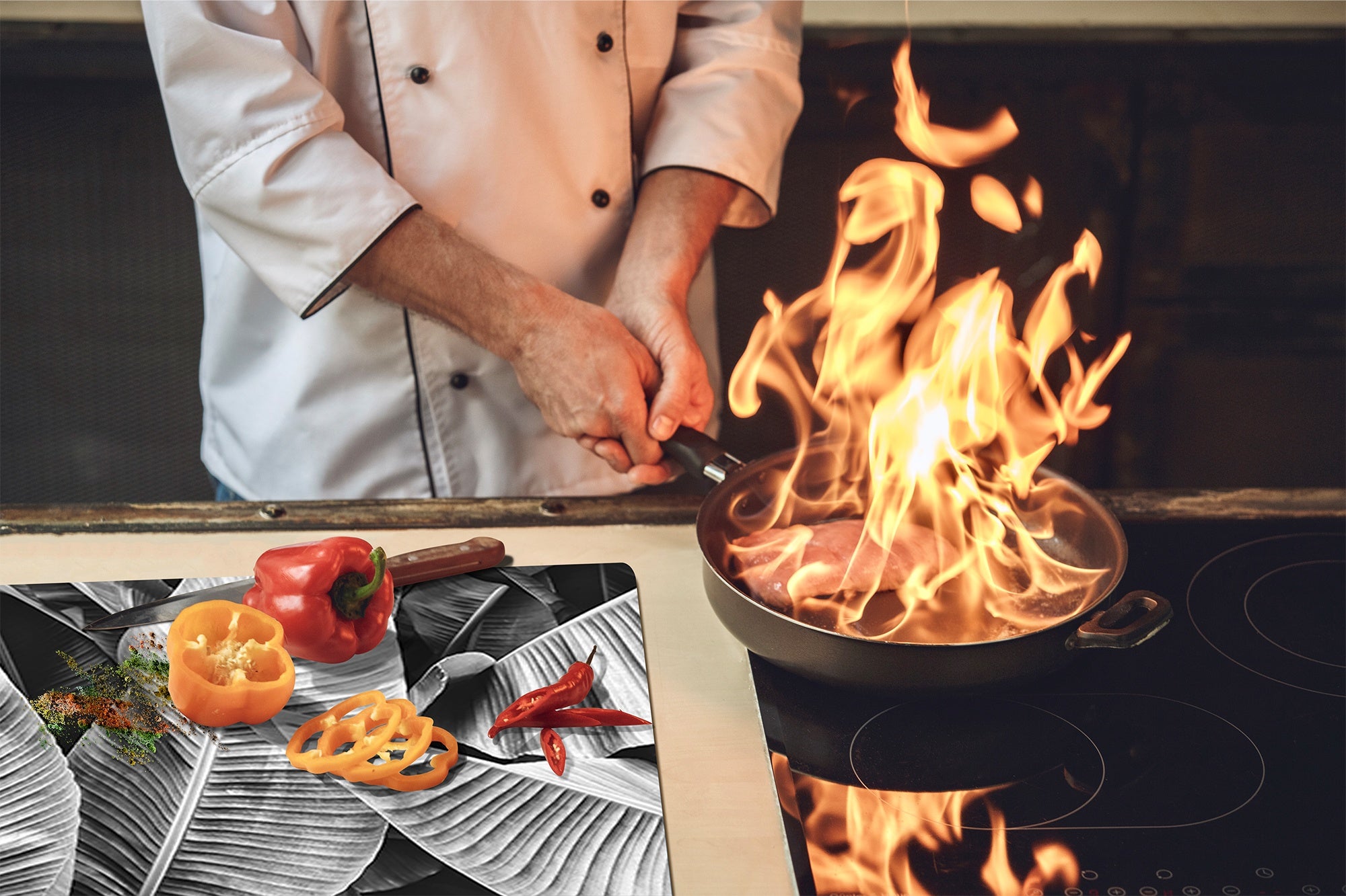 Tempered GLASS Cutting Board – Worktop saver and Pastry Board –- Glass Kitchen Board; MEASURES: SINGLE: 60 x 52 cm (23,62” x 20,47”); DOUBLE: 30 x 52 cm (11,81” x 20,47”); D34 Nature Series: Black and white banana leaves