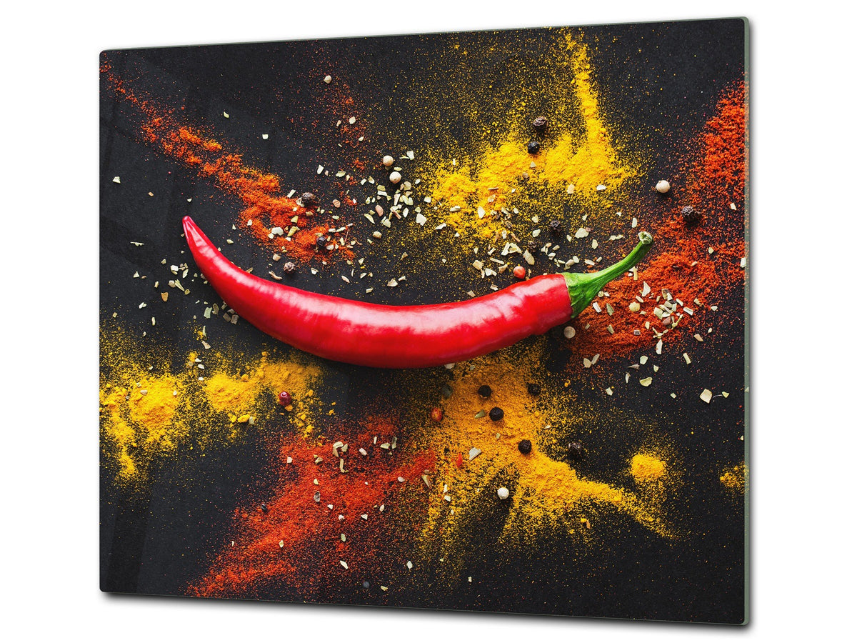 Induction Cooktop Cover –Shatter Resistant Glass Kitchen Board – Hob cover; MEASURES: SINGLE: 60 x 52 cm (23,62” x 20,47”); DOUBLE: 30 x 52 cm (11,81” x 20,47”); D38 Herbs and spices Series : Chilli pepper
