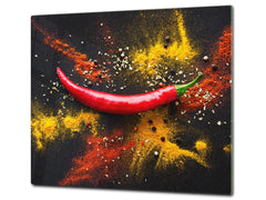Induction Cooktop Cover –Shatter Resistant Glass Kitchen Board – Hob cover; MEASURES: SINGLE: 60 x 52 cm (23,62” x 20,47”); DOUBLE: 30 x 52 cm (11,81” x 20,47”); D38 Herbs and spices Series : Chilli pepper