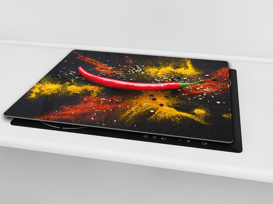 Induction Cooktop Cover –Shatter Resistant Glass Kitchen Board – Hob cover; MEASURES: SINGLE: 60 x 52 cm (23,62” x 20,47”); DOUBLE: 30 x 52 cm (11,81” x 20,47”); D38 Herbs and spices Series : Chilli pepper