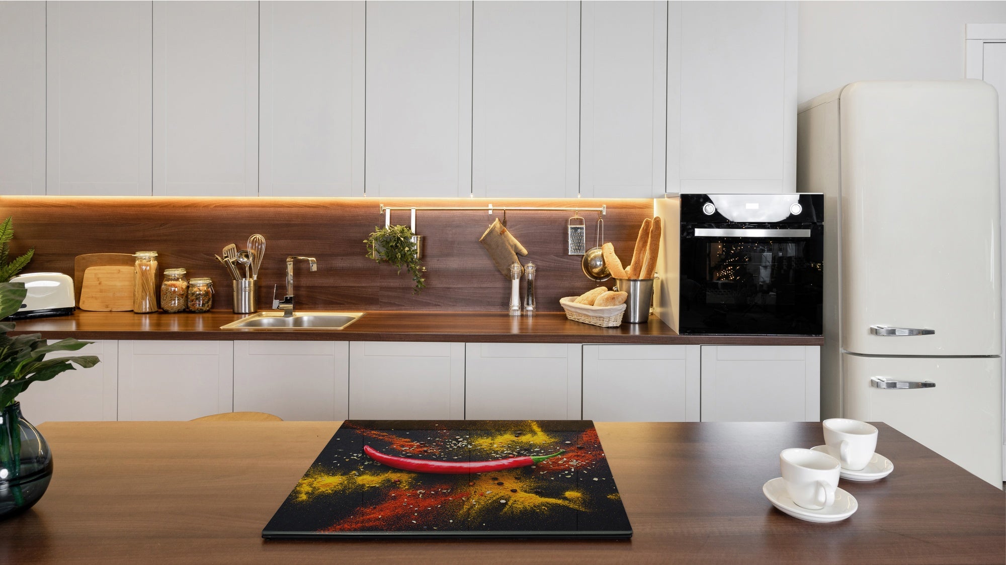 Induction Cooktop Cover –Shatter Resistant Glass Kitchen Board – Hob cover; MEASURES: SINGLE: 60 x 52 cm (23,62” x 20,47”); DOUBLE: 30 x 52 cm (11,81” x 20,47”); D38 Herbs and spices Series : Chilli pepper
