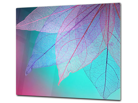 Tempered GLASS Cutting Board – Worktop saver and Pastry Board –- Glass Kitchen Board; MEASURES: SINGLE: 60 x 52 cm (23,62” x 20,47”); DOUBLE: 30 x 52 cm (11,81” x 20,47”); D34 Nature Series: Transparent turqoise leaves