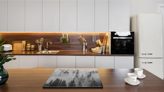 Chopping Board Set - Induction Cooktop Cover –Glass Cutting Board; MEASURES: SINGLE: 60 x 52 cm (23,62” x 20,47”); DOUBLE: 30 x 52 cm (11,81” x 20,47”); D39 Miscellaneous Series : Foggy forest
